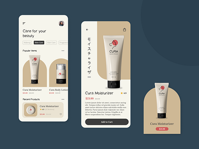 Mobile App Design - CURA, Skin Care Brand beauty brand branding care cosmetics e commerce face facial line makeup mobile app organic products salon skin spa ui ux vegan web design