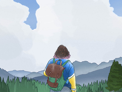 super week-end adventure backpack dessin drawing forest girl hike illustration landscape mountain nature time travel travel agency traveling