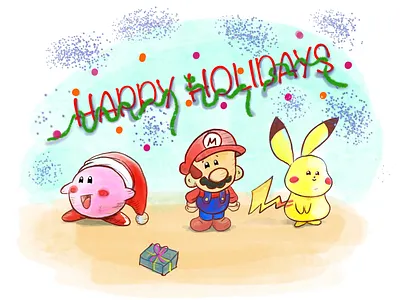Happy Holiday's from Kirby, Mario & Pikachu draw illustration ipad art ipad pro kirby nintendo pikachu procreate super smash bros
