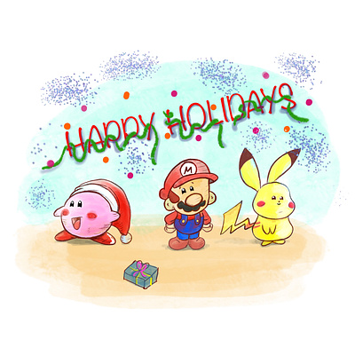 Happy Holiday's from Kirby, Mario & Pikachu draw illustration ipad art ipad pro kirby nintendo pikachu procreate super smash bros