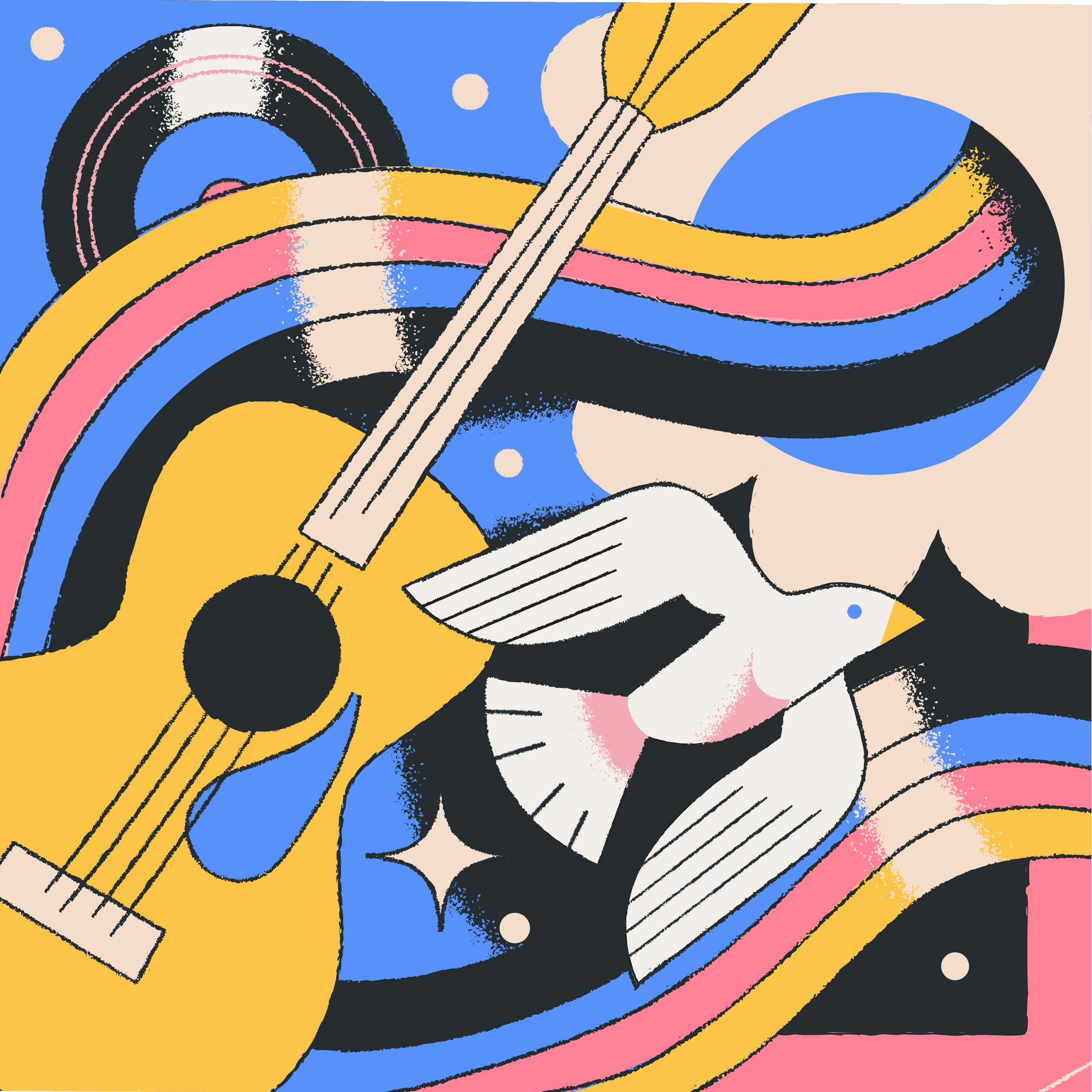 Turntable Live Genre Illustrations: Indie dove guitar illustration music texture vector