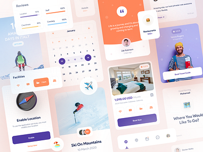 Travel App Components 🏕✌🏻 app app design app ui calendar category chart comments component hotel location map minimal mobile ski story tourism travel trip ui