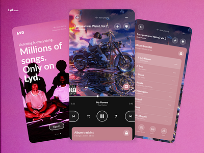 Lyd - Music streaming app album art android app design flat icon illustration like button login screen logo minimal music app music player music streaming player spotify streaming app tracklist ui ux