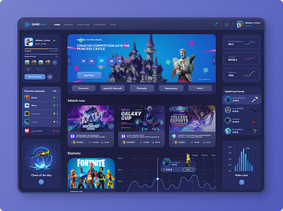 Game, Streaming, Esports platform- Home page (Dark) app design blizzard dark app dark mode dark theme dark ui design figma fortnite game game dashboard game design games ui uiux