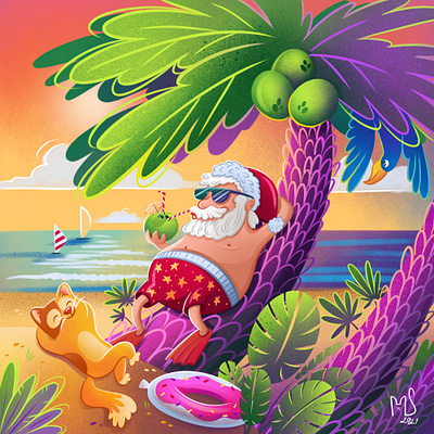 Santa's fruits art beach book cat cats celebration character child children christmas cool design illustration kid new year ocean parrot party santaclaus sea