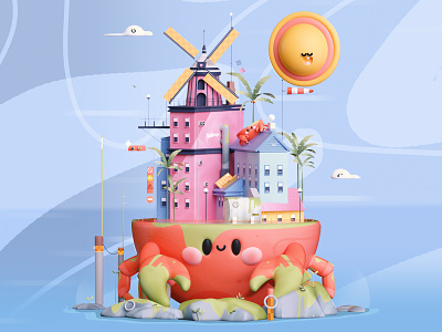 Enchanted island 3d 3d art animals character characters city colors crab design dribbble illustration island kawai kawaii logo love ocean summer sun ui