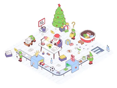 Santa's workshop (update) 2d cartoon character christmas elf illustration isometric new year santa vector workshop