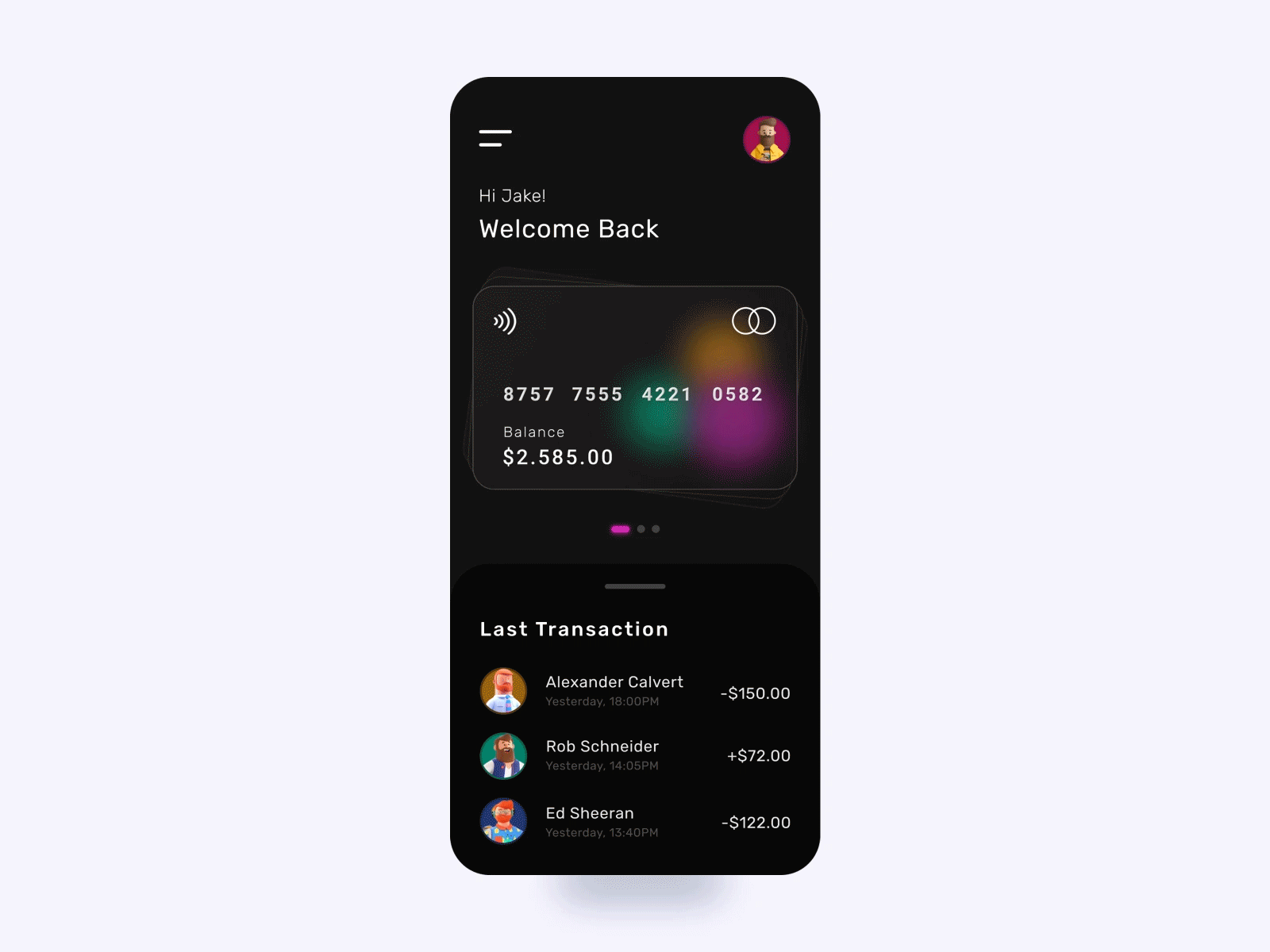 Banking App app app design application banking app blur credit card creditcard dark mode design finance icon icons transaction transaction history transactions transparent ui ux welcome back