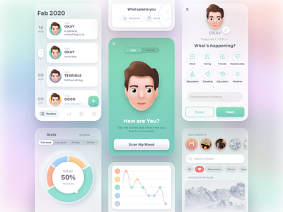 Moodnotes - Mood Tracker cbt design emoji illustration journal memoji mood notes sketch statistics stats tags timeline ui ui design uidesign uiux ux ux ui vector