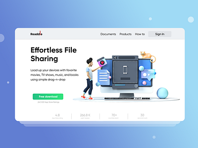 File sharing website 3d apple boy c4d cat design document documents drop file file drop file sharing file upload illustration landing page macos readdle shape sphere website