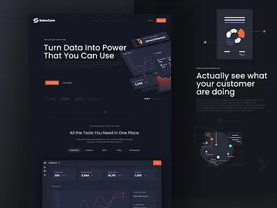 Dark Theme Marketing Page 3d branding crm dark theme data design figma graphic design graphs home page marketing orange saas sales ui ux web