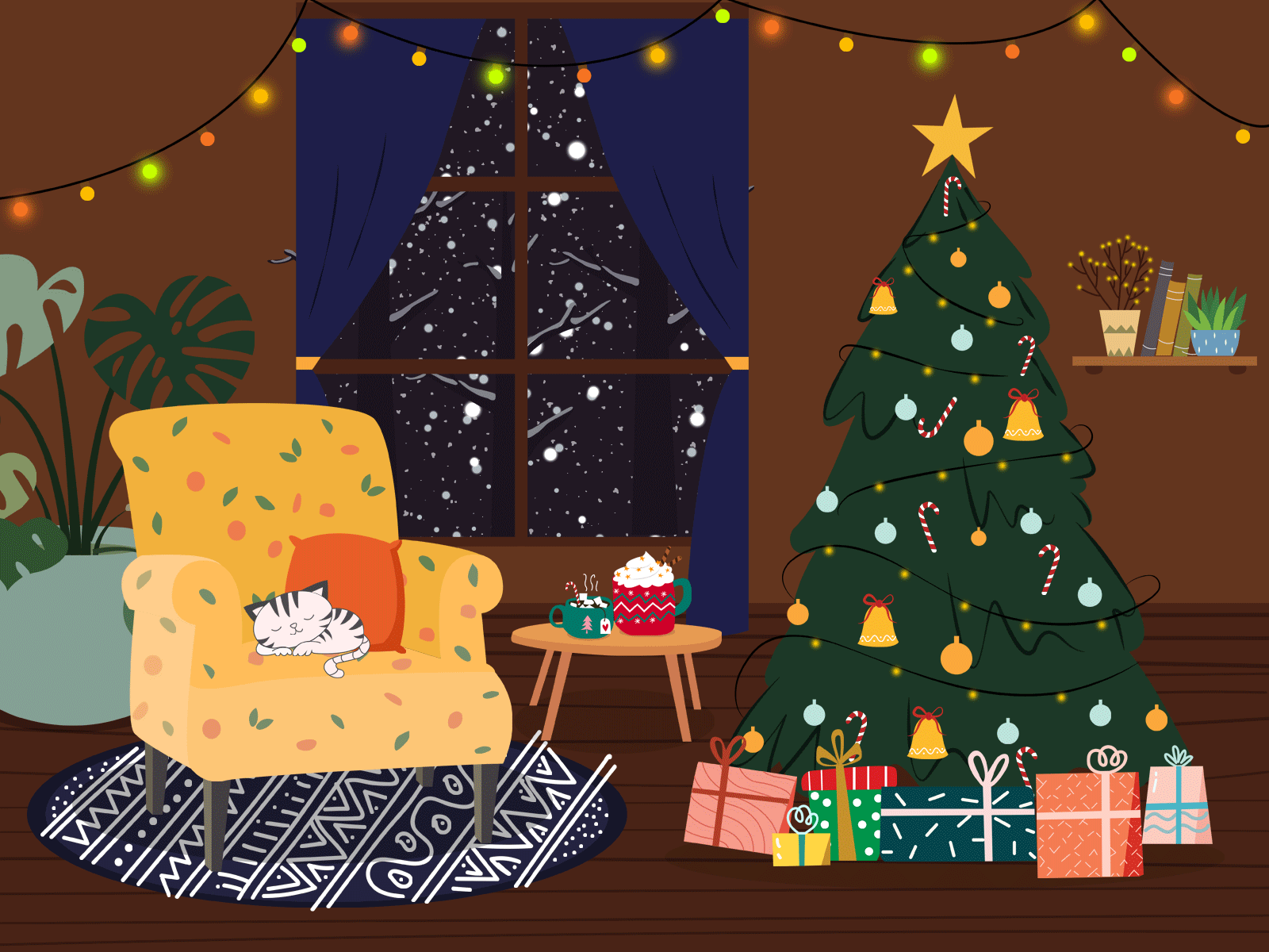 Merry Christmas art artwork cat christmas christmas tree design digital illustration flat gif gift graphic design illustration illustrator light new year occasion room snow ui