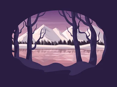 Winter landscape forest holiday illustration lake landscape mountains river snow sunrise sunset trees water winter woods