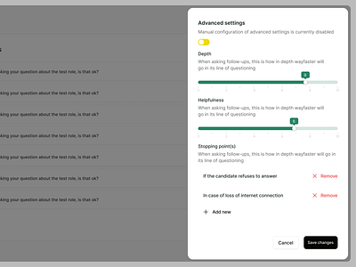 Questions - Interview setup candidate clean clean design dashboard inputs interview interview settings interview setup modal modals popup product design set interview settings setup setup interview sliders switchers ui ux