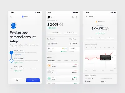 Finova - Investment Mobile App blue clean crypto dashboard design designer eksploration investment app minimalism mobile mobile app modern project realistic saving simple ui design uiuxdesigner user interface white