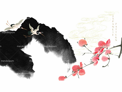 Mountain landscape layout design with crane birds abstract background banner black cherry blossom flower crane birds design illustration ink wash japanese mountain landscape natural pattern vector watercolor texture