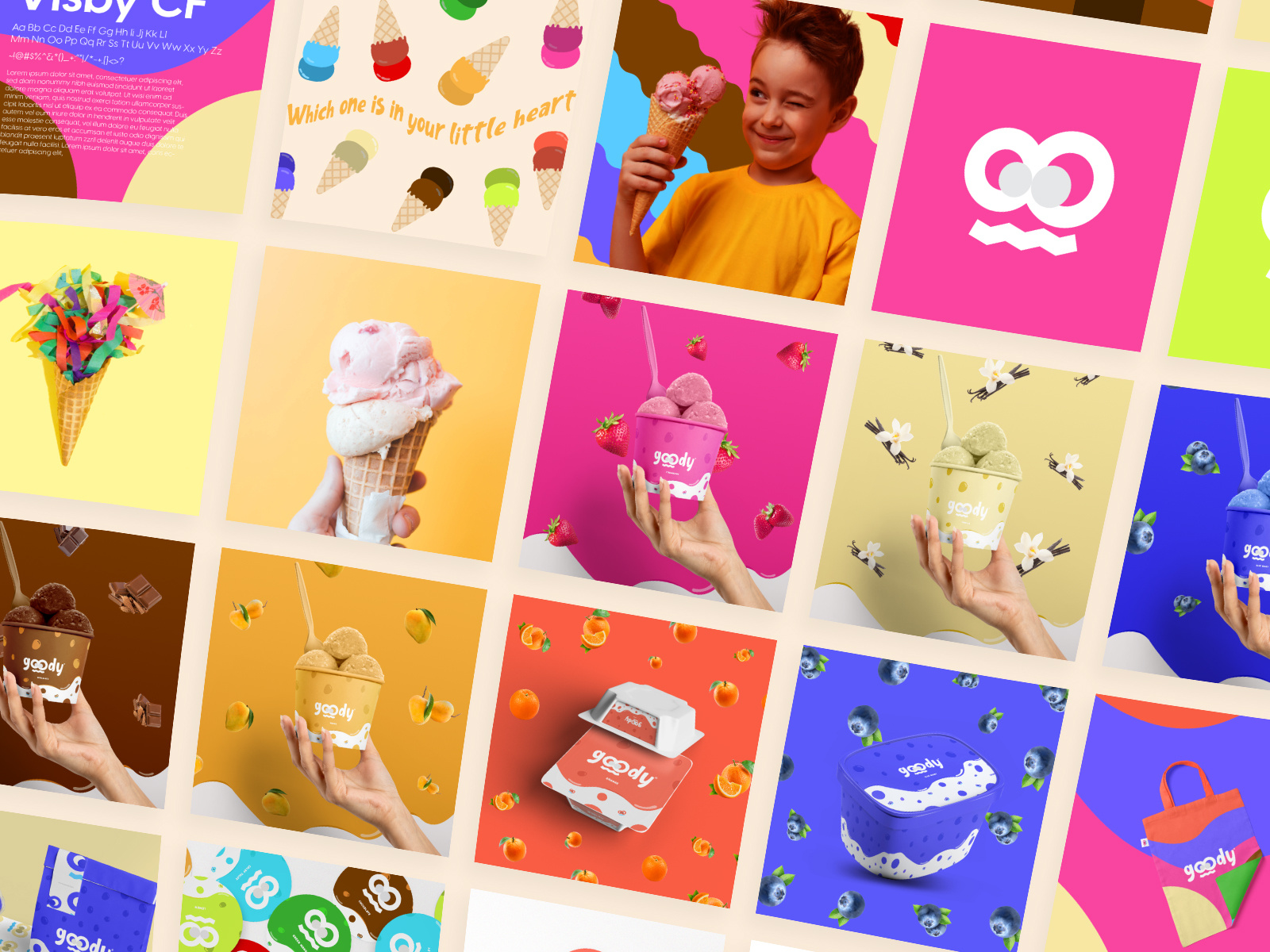 Goody Ice-cream Brand Identity Design 2d brand brand guidelines brand identity branding cartoon color palette colourful design designer flat funny graphic design ice cream illustration logo moodboard playful startup vector