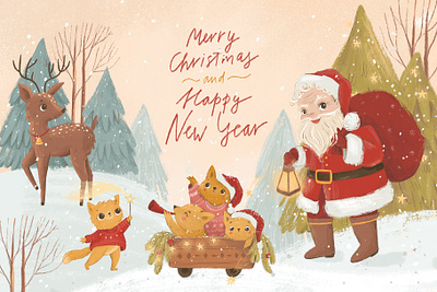 Happy New Year animals cats characters christmas christmas card cute animal cute characters deer illustration merry christmas new year santa santaclaus winter