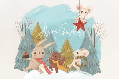 Merry Christmas Card animals book illustration characters childrens childrens book christmas christmas card design illustration winter