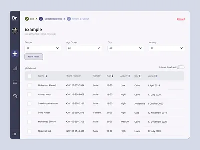 Broadcasting App - Select Recipients design filters form list navigation process flow ui web