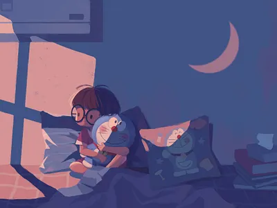 Losing Sleep bed cartoon character girl illustration life light lonely lose sleep moon night shadow