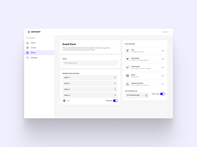 Form builder concerts crypto dashboard events forms marketplace metavent nft product design
