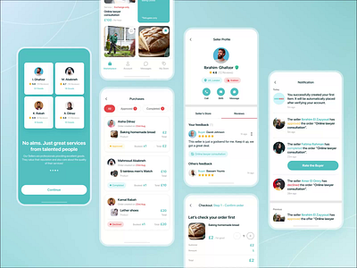 Refugee-focused marketplace mobile app. Social project account app cards checkout design ecommerce ios marketplace mobile notifications onboarding orders profile shop tabs ui ux