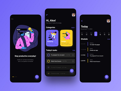 Task manager - App design app app design calendar app dark mode mobile app design mobile ui task management app task manager ui ui design uidesign uiux uiuxdesign welcome screen