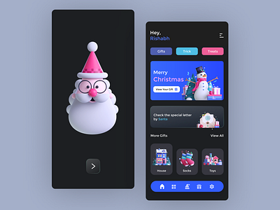 Christmas App UI Design Concept | Rish Designs 3d illustration 3d ui adobexd app app design best design best ui best ui design christmas christmas illustration dark ui figma mobile product design rish designs santaclaus ui ui design uiux ux