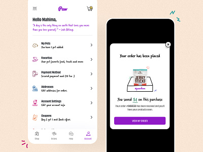 Paw - Online Pet Store checkout coupon code design dog app dog food app ecommerce icons illustration interface ios order placed payment method pet app pet shop product list profile shopping ui user experience ux