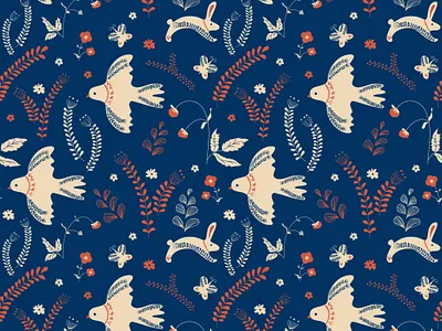 Scandic pattern berry dove flat floral flowers hare illustration leaves pattern print scandic seamless spring strawberry twigs vector