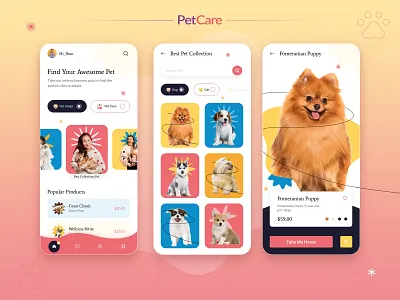 Pet Adopt And Care App adopt adoption app animals care app cat clean concept creative design dog minimalism mobile mobile design mobile ui pet pet app pet care petshop ui ux