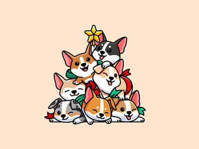 Christmas Corgi adorable cartoon character christmas corgi cuddle cute dog doggy funny gift holiday illustration lovely mascot merry xmas puppy seasons greetings tree warm