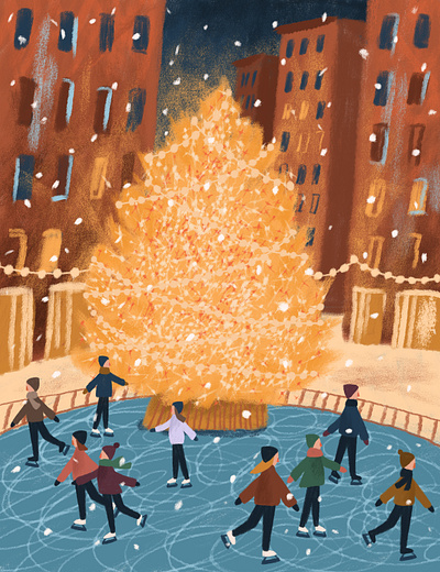 Skating rink and Christmas tree adobe photoshop art character christmas christmas tree city digital art digital illustration drawing ice illustration lights new year night people rink skating snow street winter