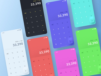 Calculator app blue colorful concept design dark dark theme green light theme mobile app neumorphic neumorphic design pink red skeuomorph ui ui design