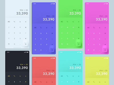 Calculator app blue colorful concept design dark dark theme green light theme mobile app neumorphic neumorphic design pink red skeuomorph ui ui design