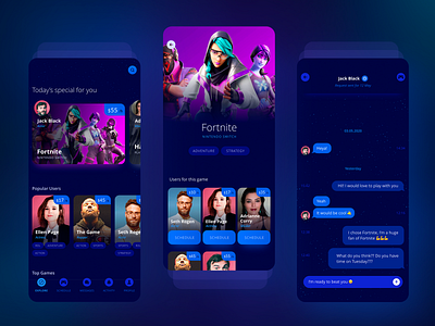 For gamers 🎮 app blue dark mode fortnite gamer games games design interface design mobile app design product design ui ux