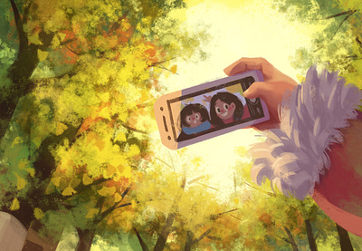 Last Autumn autumn character friend ginkgo tree girl illustration life selfie take photo tree warm yellow