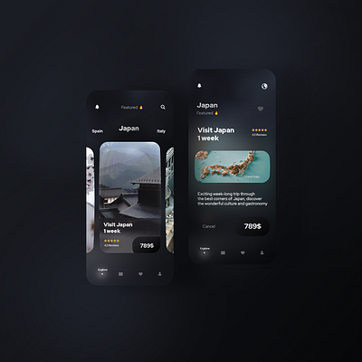 Travel app clean glassmorphism japan minimal mobile travel app ui uidesign