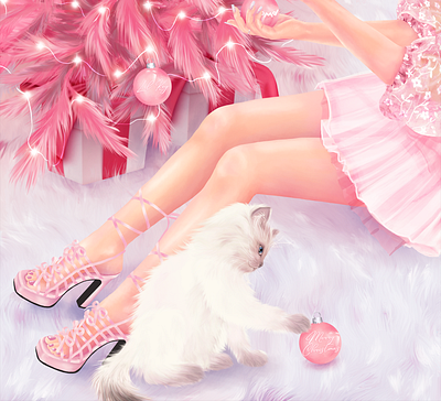 Merry Christmas 2d art cat christmas christmas tree digital digital illustration digitalart drawing fluffy girl illustration graphic design illustration illustration art legs merry xmas photoshop pink realistic sexy girl storytelling