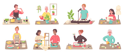 Practicing hobby people set cartoon flat hobby illustration people vector