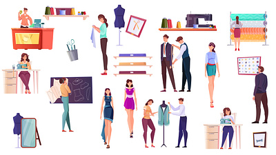 Tailoring icons set customer dressmaker flat illustration seamstress tailoring vector