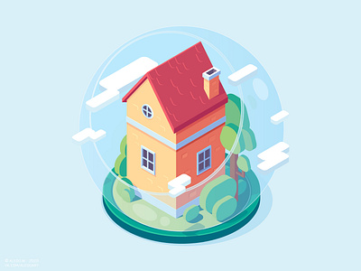House in summer ball glass house isometric art isometry snowball snowglobe summer