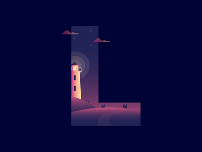 Lighthouse (letter L) 36daysoftype alphabet artwork dusk flat gradient grain texture hill illustration l letter lettering lighthouse noise texture twilight type