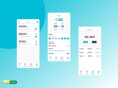 Clock Application alarm android clock dailyui figmadesign ios mobileapps stopwatch timer timer app uiuxdesign watch world world clock