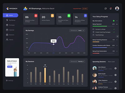 Online Coaching Dashboard - Dark Mode accordion admin calendar charts clean ui dark mode dashboad dropdown earnings invite minimal money profile progress sessions status tabs ui ux design ui design upgrade