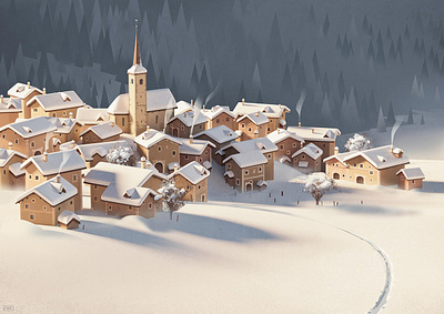 Grisons 3d alps christmas graphic illustration landscape mountain snow switzerland village winter