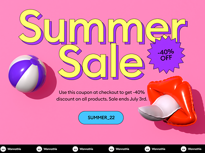 3D Summer Sale -40% OFF 3d 3d ball 3d icons 3d illustration 3d lips inflatable pastel colors retro sale summer sale trending typography vivid
