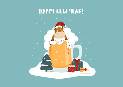 Bull in Beer - New Year Postcard 2021 trend beer bull christmas illustration cute bull czech republic illustration illustraion illustration art new year 2021 new year postcard postcard design prague illustration vector year of the ox