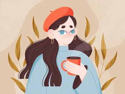 Hot tea 2d character character design character illustration drawthisinyourstyle dtiys illustration leaves procreate tea vector woman